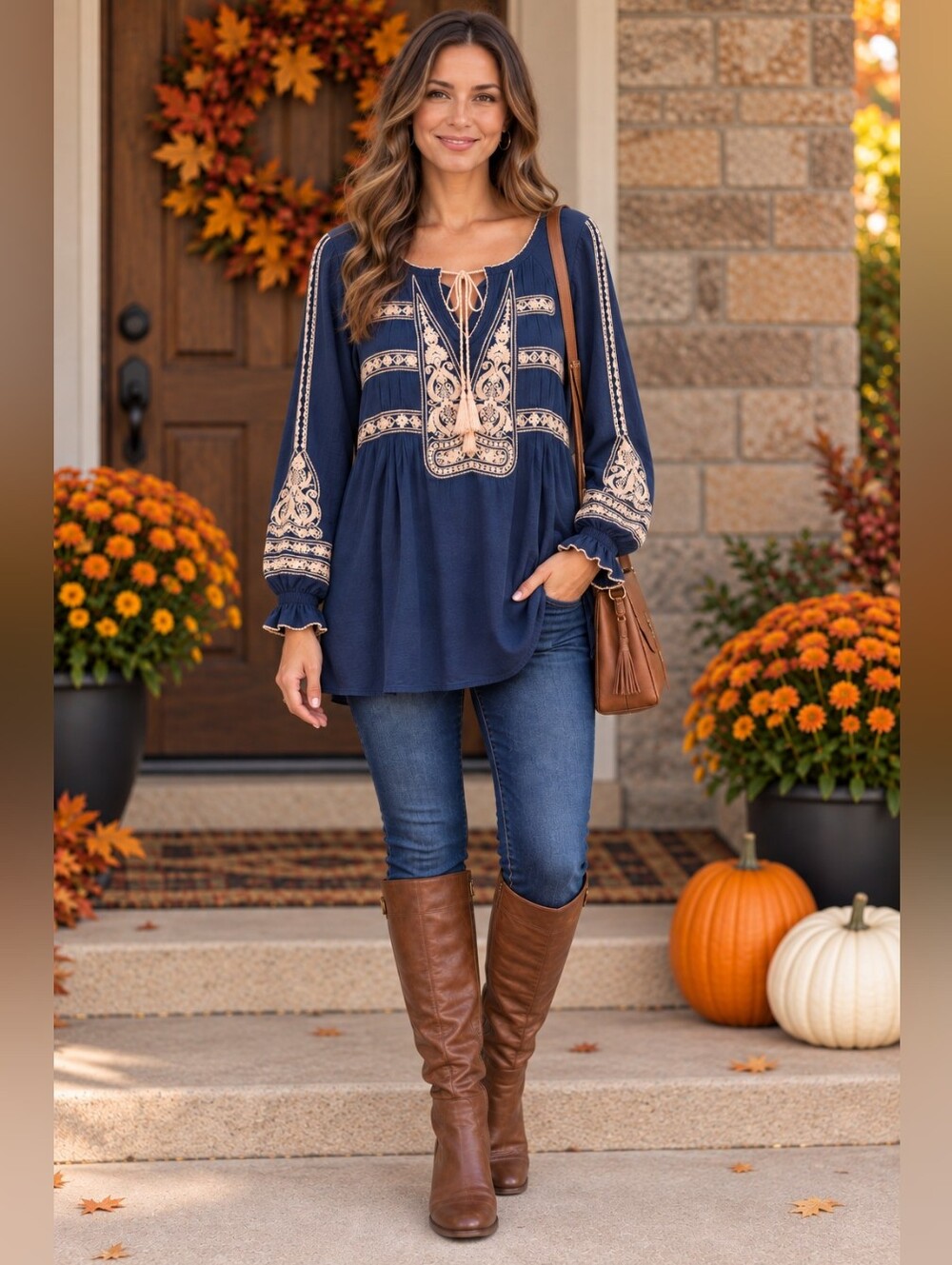 Umgee Navy Embroidered Boho Tassel Tunic Top Medium A329